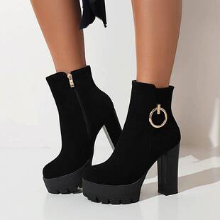 Fashion autumn and winter new super high heel thick heel waterproof platform comfortable round head women's short boots zipper simple sexy classic