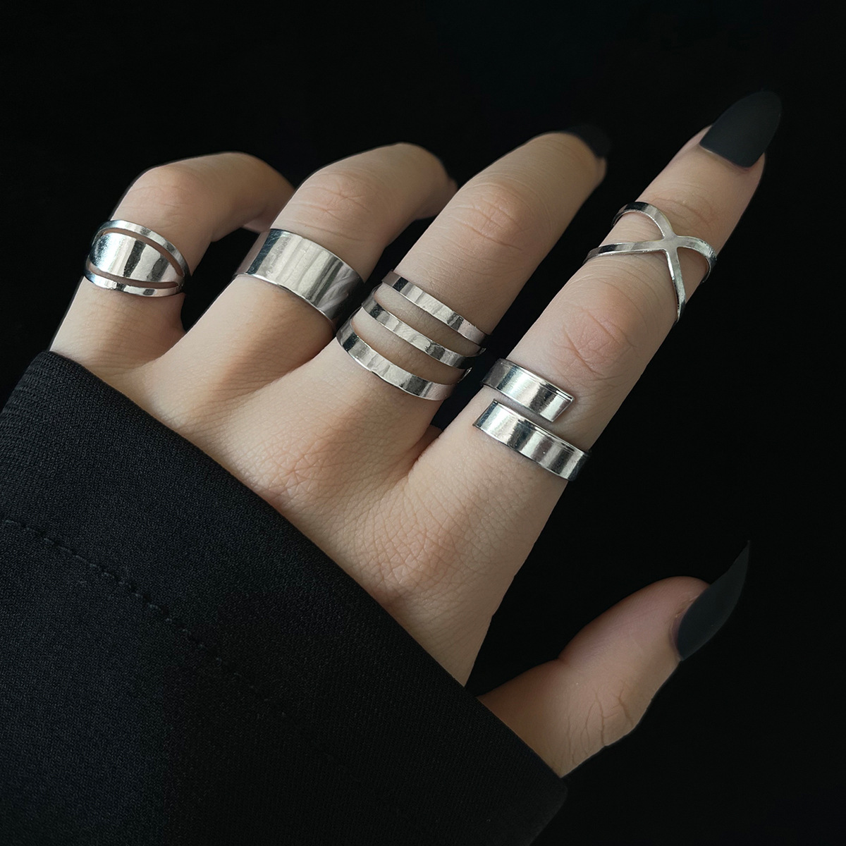 European And American Punk Geometric Hollow Adjustable Joint Ring Simple Combination Five-piece Set display picture 1