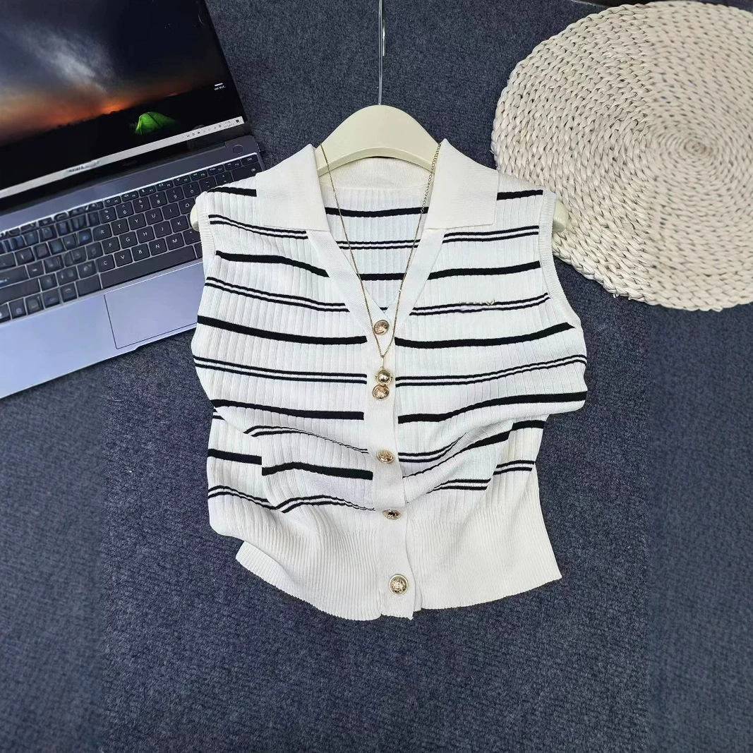 Фактический снимок Hangzhou Sijiqing 2025, новый полосатый дизайн, трикотаж, женский летний однобортный топ с воротником-поло