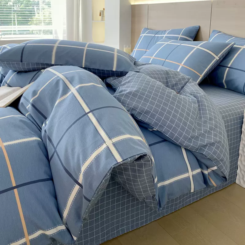 跨境批发无印风全棉印花格子四件套民宿被套养老院纯棉学生床单款
