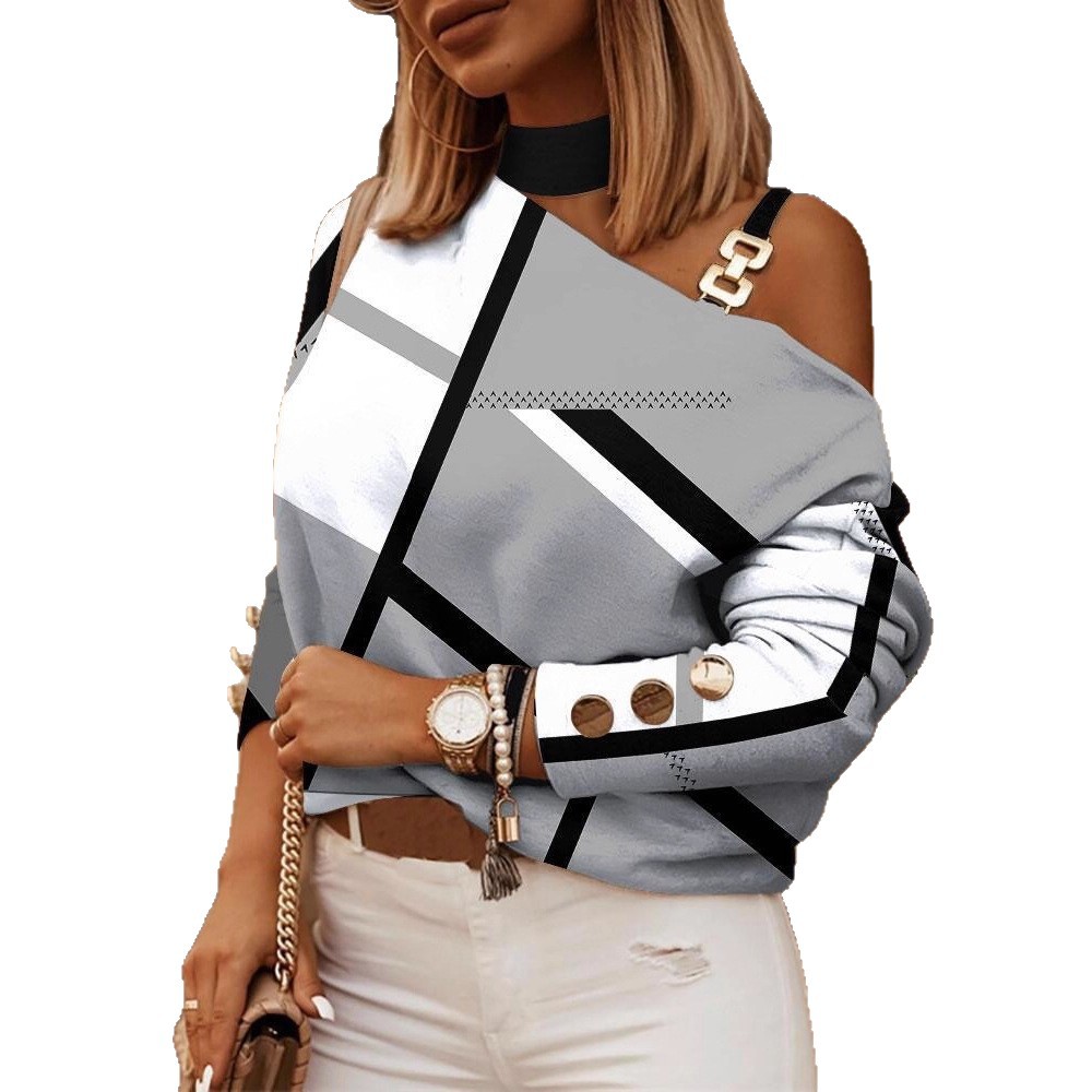 2022 estación independiente deseo Amazon popular Otoño e Invierno de manga larga cadena Halter impreso botón decorativo superior para las mujeres image 5
