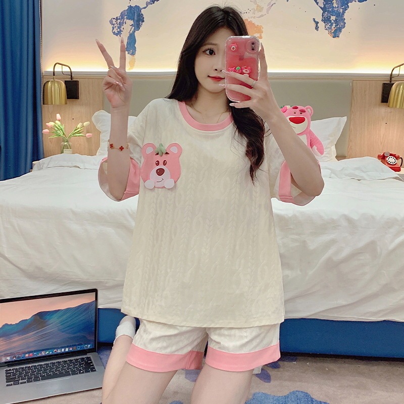 2024 new pajamas women's short-sleeved shorts spring and summer suit sweet cute cartoon women's home wear with chest pad