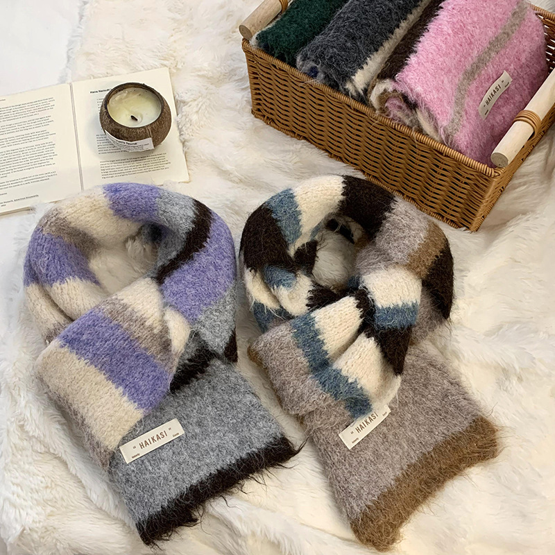 Bufandas de lana de punto de invierno para mujeres nuevas versiones coreanas de alto nivel de lana de estilo de estilo de estudiantes de buñuelo de rayas cálidas