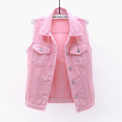 Multi-color denim vest women's short spring and summer slim fit raw edge sleeveless jacket ripped cardigan top