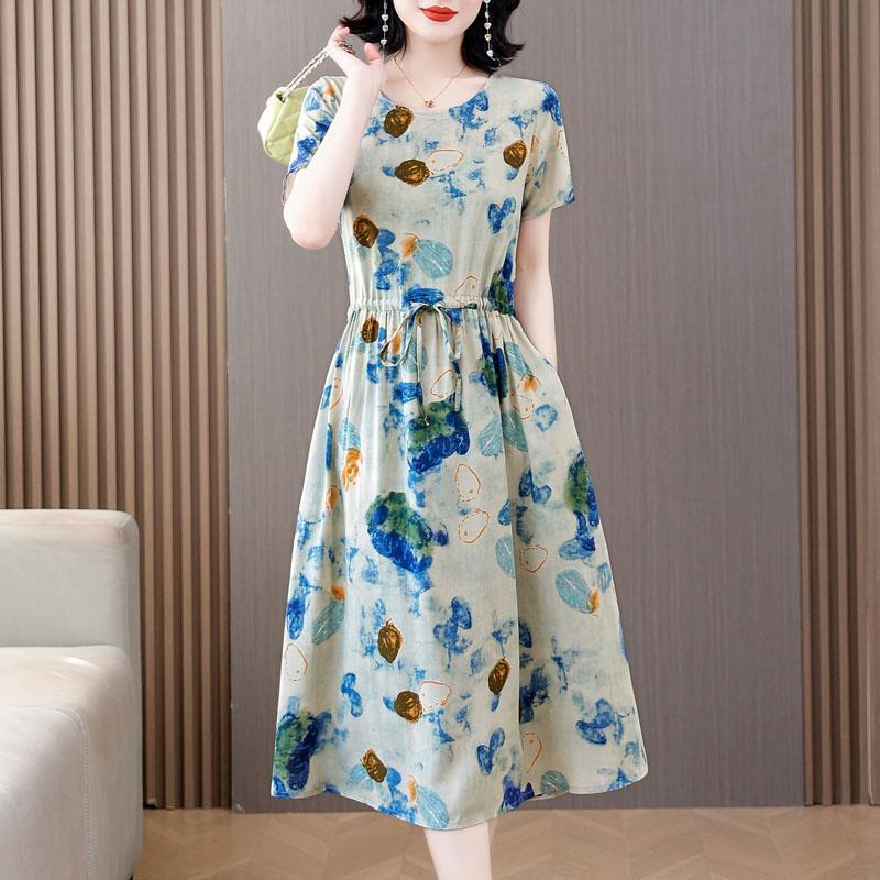 中高年向けの新しい綿シルクドレス、夏の若いスタイル、中年母親の花柄ロングスカート、エレガントなアウターウェア|undefined