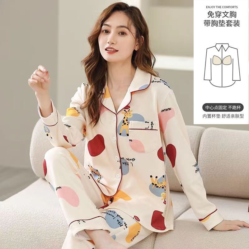 Pijama con cojín de pecho para mujeres primavera y otoño mangas largas 2023 nuevo conjunto de ropa de casa de otoño para mujeres