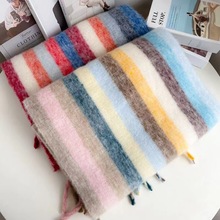 秋冬女彩虹渐变围巾条纹撞色加厚保暖长款围脖马海毛披肩遮阳防尘