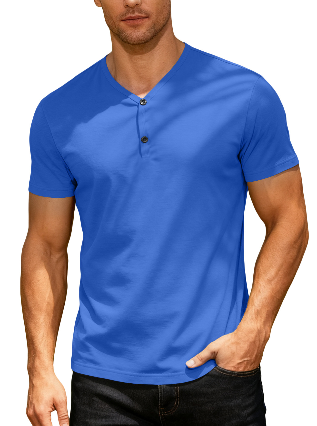 2025 TEMU transfronterizo hombre europeo y americano color sólido cuello V transpirable sudor deportivo casual ligero camiseta de manga corta regular