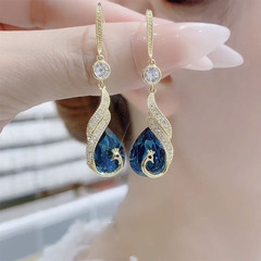 Design-led fashionable blue peacock crystal earrings, Korean temperament phoenix earring pendants, high-end light luxury influencer earrings