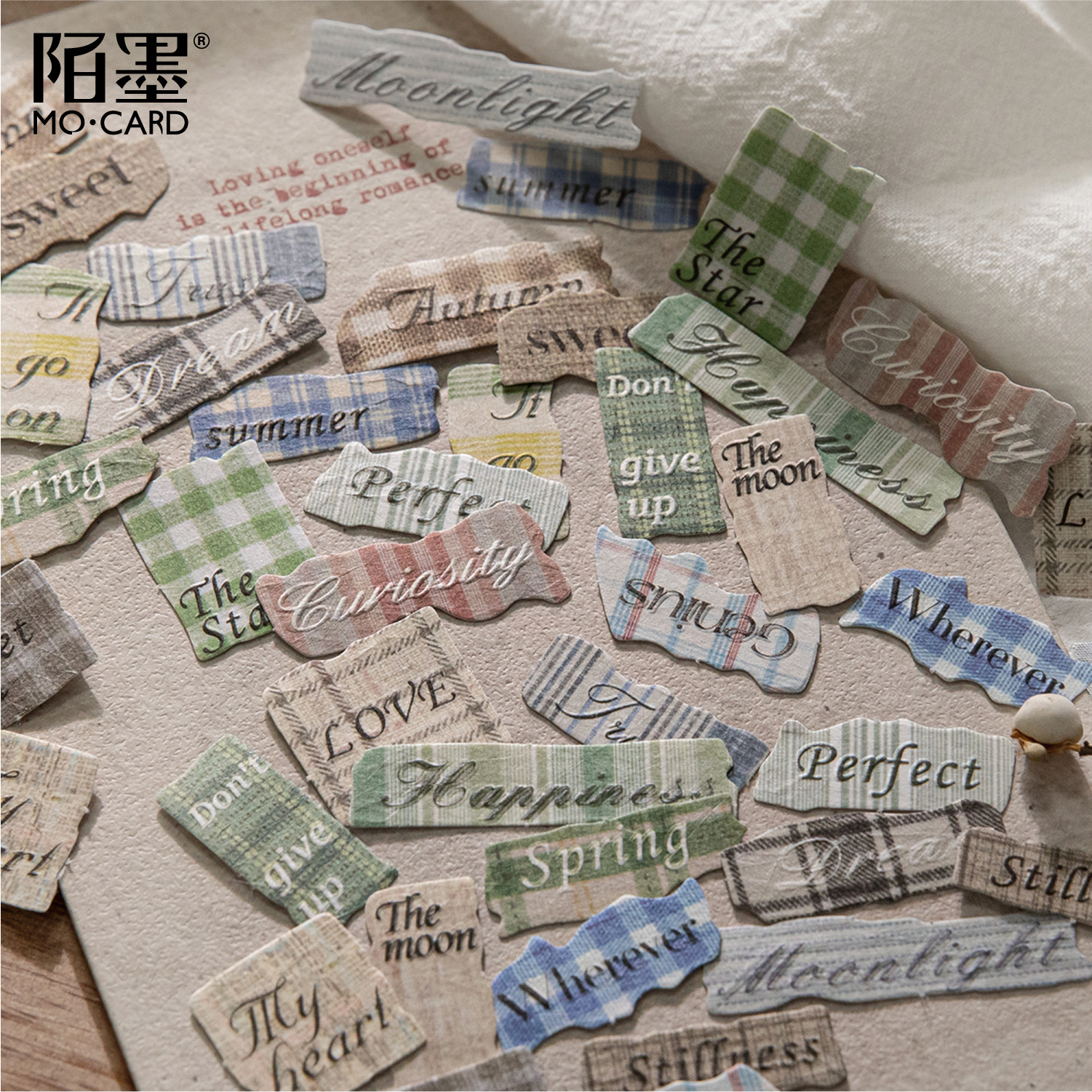 陌墨特种纸凸版浮雕贴纸包纸间零碎系列 简约复古英文装饰素材8款