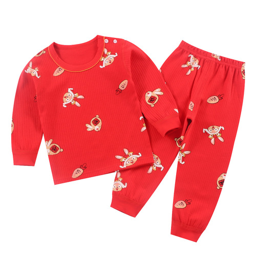 Children's Autumn Clothes and Autumn Pants Set for the Year of the Rabbit, Red Cotton Underwear, Festive Boys' Warm Girls' Pajamas