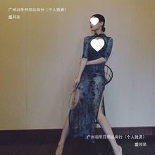 中国风透视植绒复古碎花连衣裙镂空性感七分袖改良旗袍包臀开叉裙
