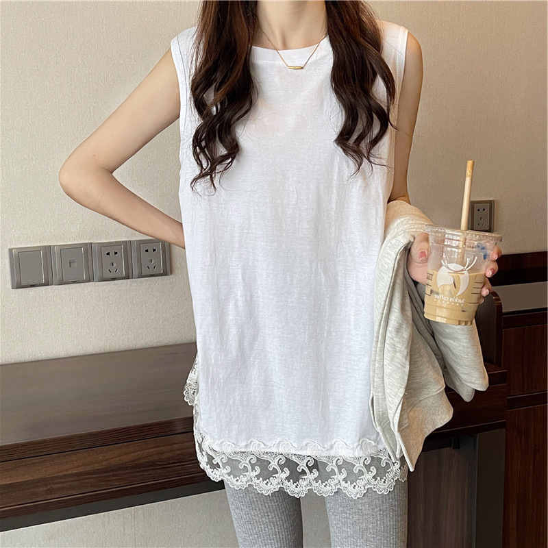 SuMMer New Style 150kg Fat Mm Plus Size Loose Fashion Pure Color Sleeveless Lace Splicing Design T-shirt Top for Women SuMMer New Style 150kg Fat Mm Plus Size Loose Fashion Pure Color Sleeveless Lace Splicing Design T-shirt Top for Women