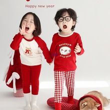 儿童新年装家居服宝宝本命年保暖内衣套装棉男女童大红色秋衣裤