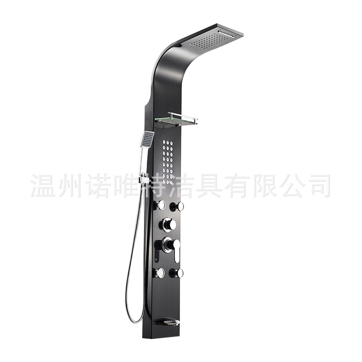 Factory Direct Sale 5-Function Black Integrated Shower Panel Stainless Steel Wall-Mounted Shower Head with Storage Rack