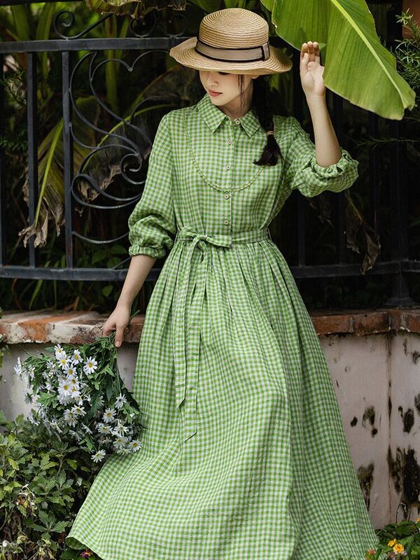 Green Dress, French-Style Linen Long-Sleeve Artistic Plaid Long Dress, Elegant Shirt Dress, Versatile Women's Clothing, Cotton-Linen Material