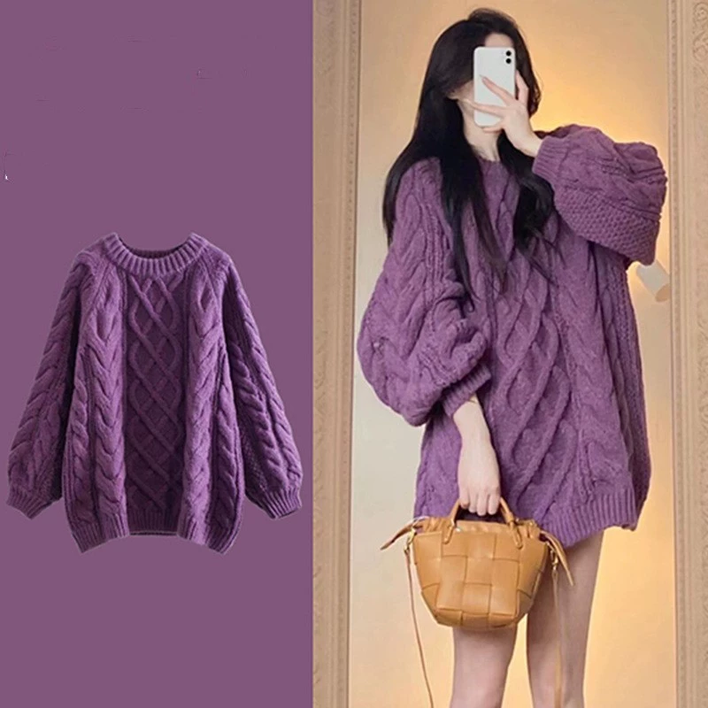 Осенний фиолетовый кокеточный свитер oversize женский, уютный стиль высокого качества