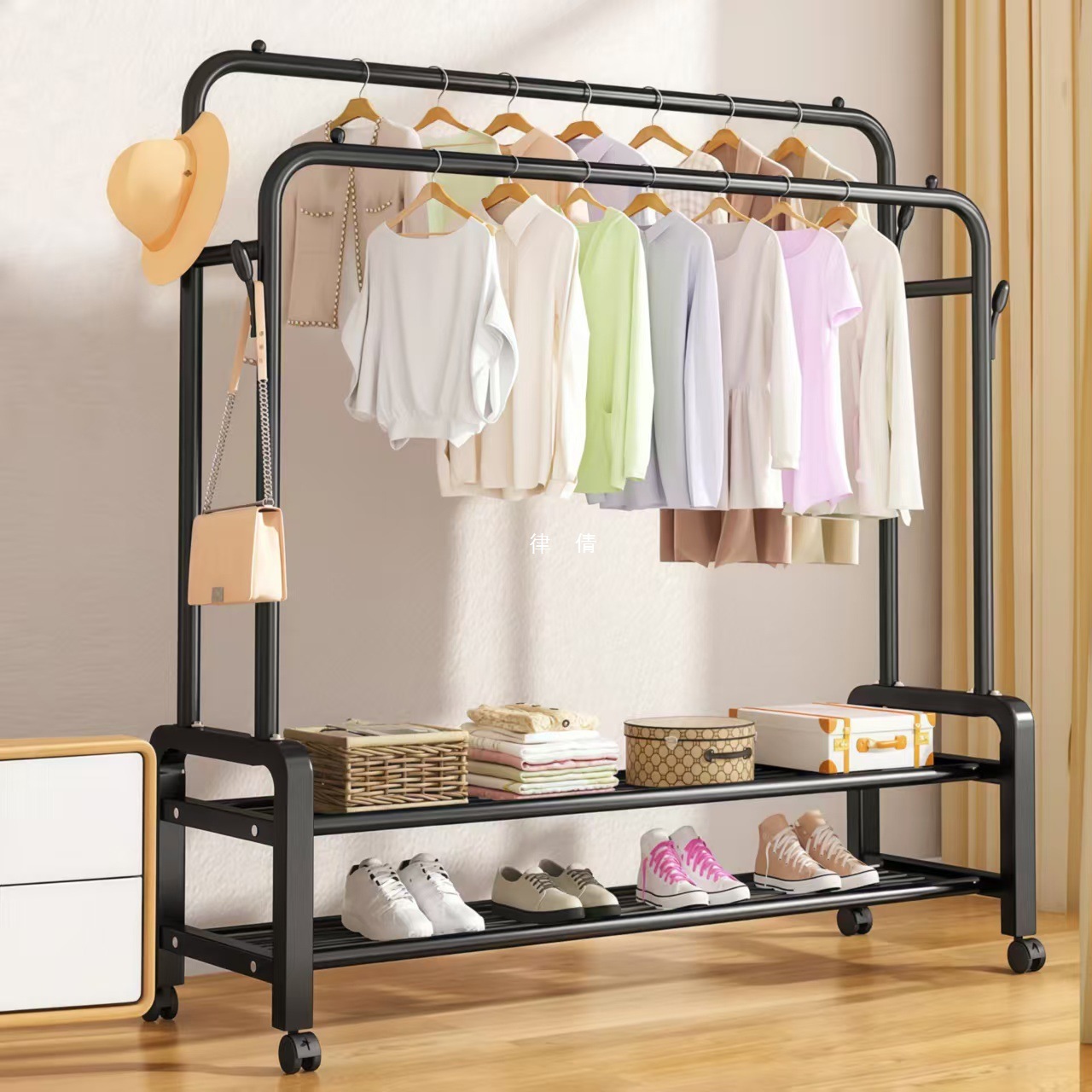Mobile Clothes Drying Rack Thickened Indoor Simple Clothes Rack Floor-Standing Clothes Rack Bedroom Double Pole Clothes Rack Balcony Storage