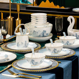 景德镇陶瓷餐具新中式碗碟盘骨瓷套装家用餐盘碗筷礼品饭碗批发