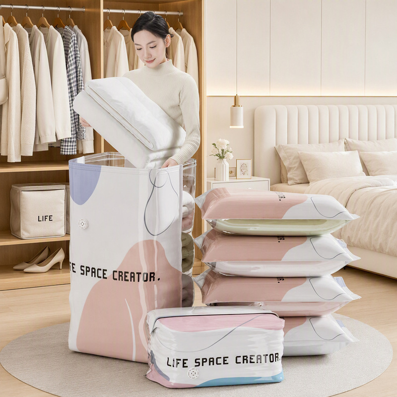 No-Pump Vacuum Compression Bags for Bedroom Clothes and Quilts, Storage Bags with Thickened 3D Design, Press-Type Vacuum Bags No-Pump Vacuum Compression Bags for Bedroom Clothes and Quilts, Storage Bags with Thickened 3D Design, Press-Type Vacuum Bags