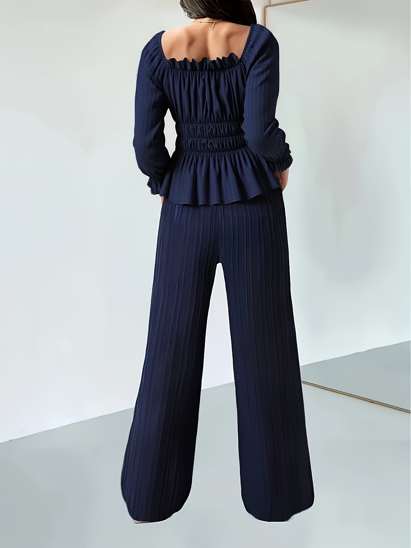 Ensemble chemisier à volants et pantalon large d'inspiration française – Style bohème chic élégant pour femme (Tailles S à XXL, bleu marine, esthétique minimaliste euro-américaine)_voghion.com