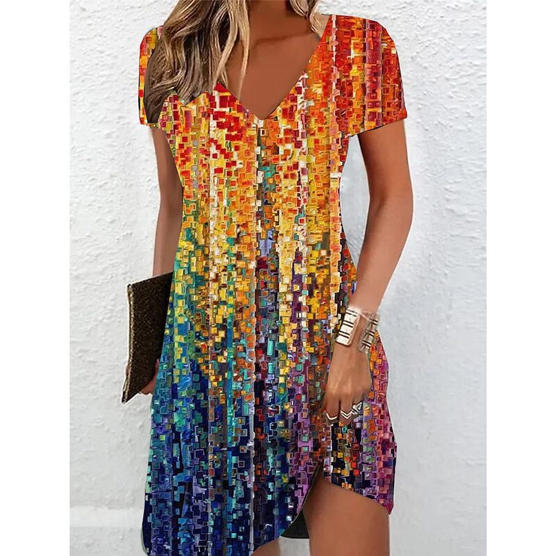 Women's T-shirt dress casual dress summer dress floral Gradient print V-neck mini dress