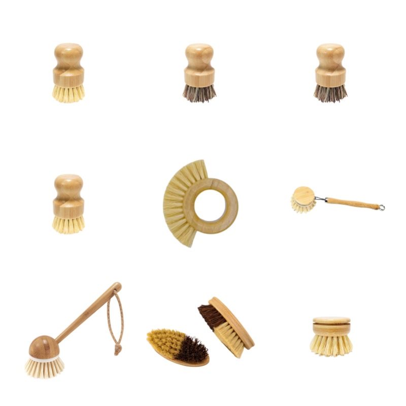 Juego de limpieza de cocina de bambú natural Cepillo multifuncional para el hogar Cepillo para tazón Cepillo para frutas y verduras Cepillo para taza Cepillo para olla de sisal con mango