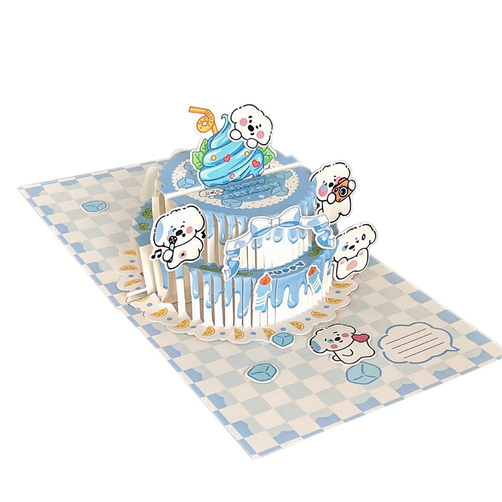 Tarjeta de felicitación de pastel de cumpleaños tridimensional de dibujos animados de bricolaje paquete de material de sobre de corte de papel de carta de bendición plegable al por mayor femenino