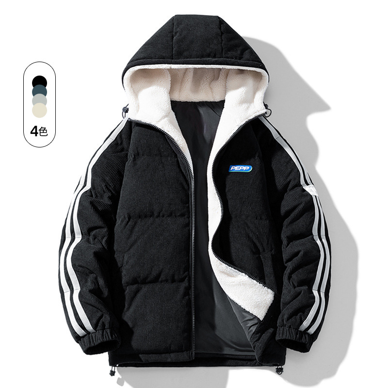 Invierno nuevos hombres de estilo coreano grueso caliente encapuchado lana de cordero con capucha de algodón suelto Abrigo acolchado pareja moda en línea celebridad mismo estilo
