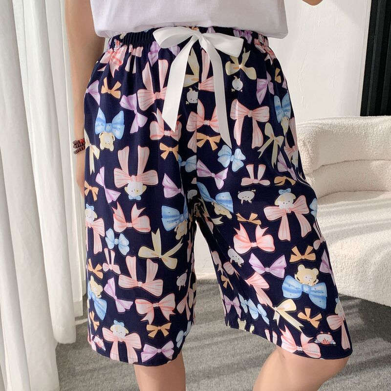 Cotton Silk Pajama Pants for Women, Summer New Style, Cartoon Print, Loose Casual Thin Home Pants, Can Be Worn Outside, Five-Point Pants