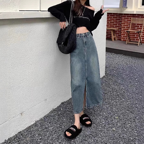 Split medium and long summer front  retro spring and summer cowboy women's new slimming A-line skirt high waist