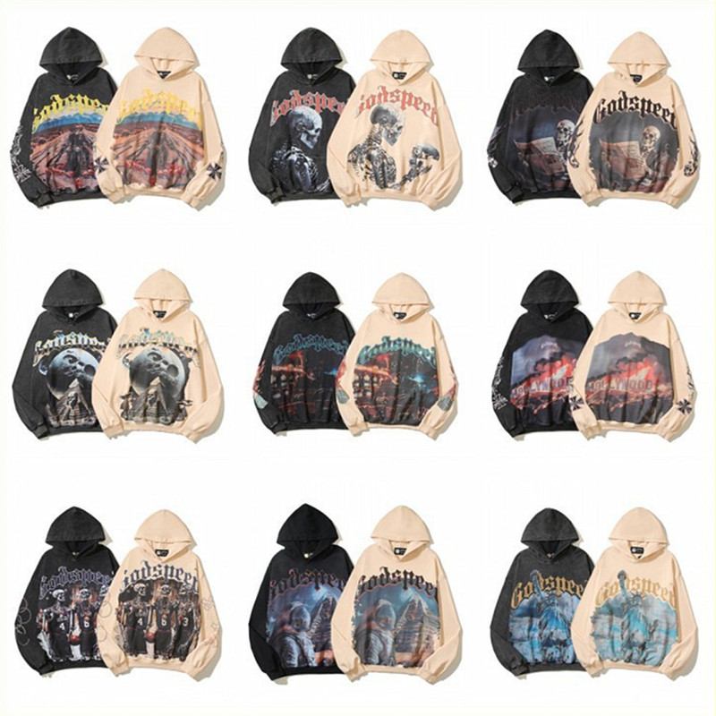 Cross-Border European and American Trendy Brand God&Speed Letter Pattern Printed Washed Hoodie Sweatshirt Men's and Women's High Street Jacket