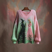 新款欧美跨境爆款秋冬宽松V领上衣休闲落肩3D数码印花女装卫衣