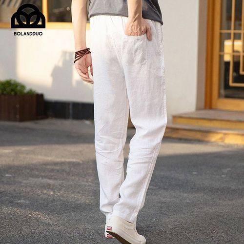 High-end 100% Pure Linen Men's Summer White Trousers Loose Straight Leg Cotton-Linen Material Casual Pants