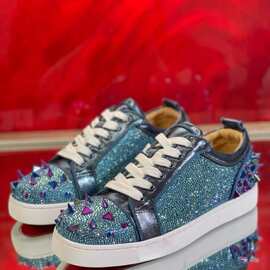 cl andgz男鞋幻彩兰色烫钻钉低帮红底鞋女鞋情侣板鞋休闲鞋蓝海参