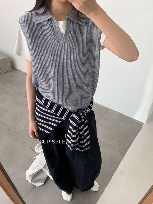 6UP秋韩系全羊毛翻领毛衣女背心马甲广州十三行新款毛织上衣50391|undefined