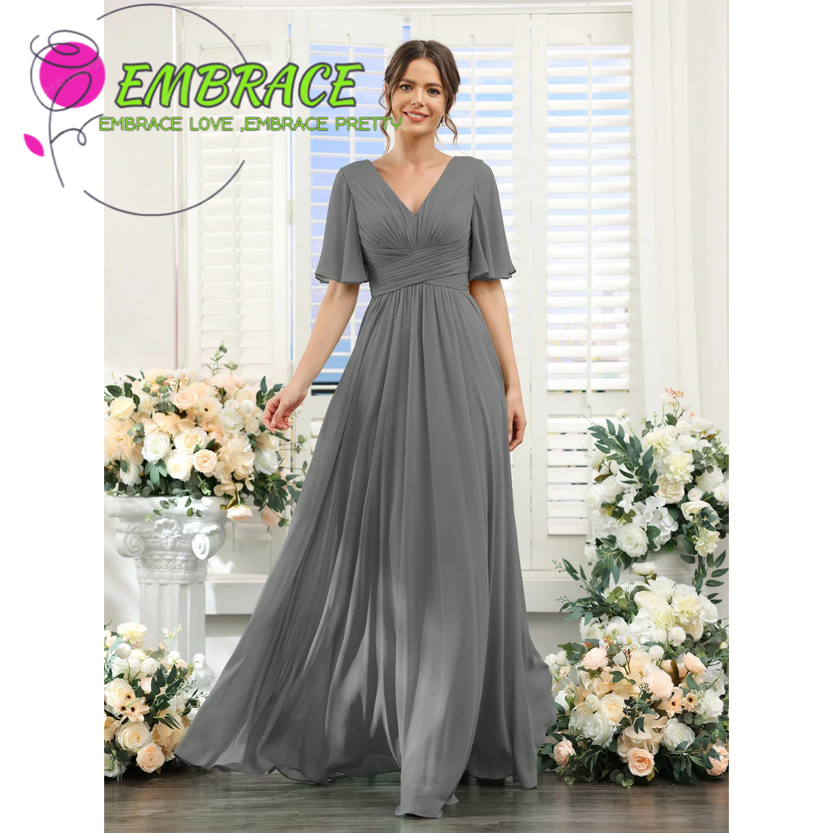 Verano nuevo vestido de noche de chiffon europeo y americano V-collar mangas mariposa novia vestido de damas de honor anfitriona de la fiesta vestido largo