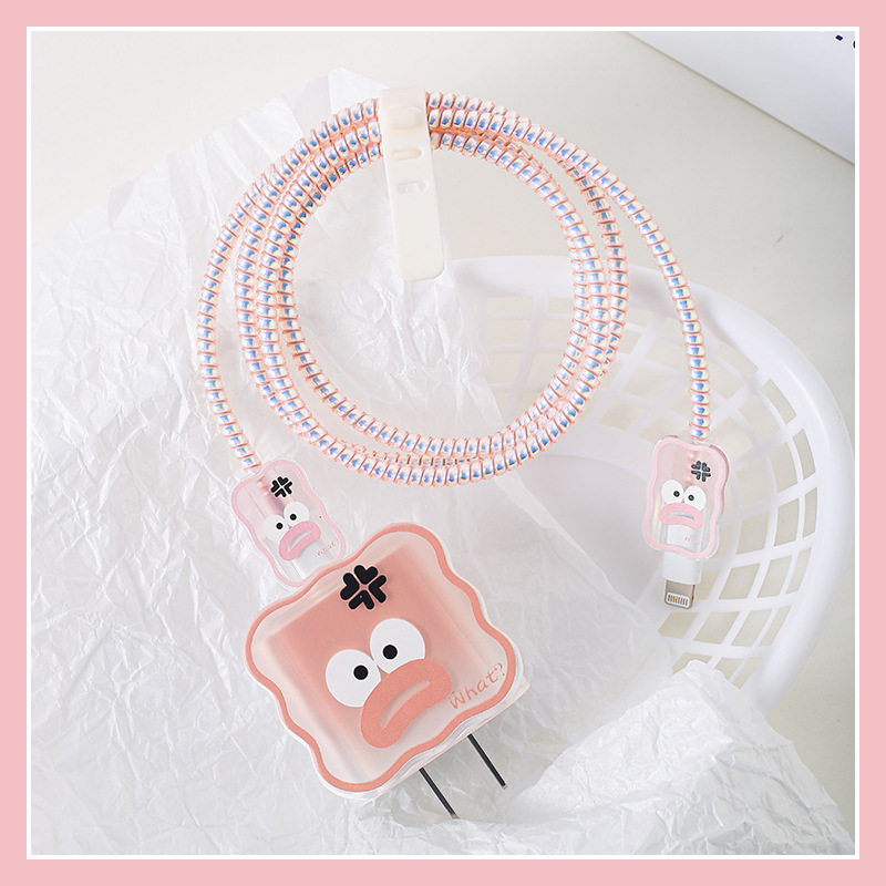 【Cara sonriente rosa】Funda protectora + Cordón + Protector de cable