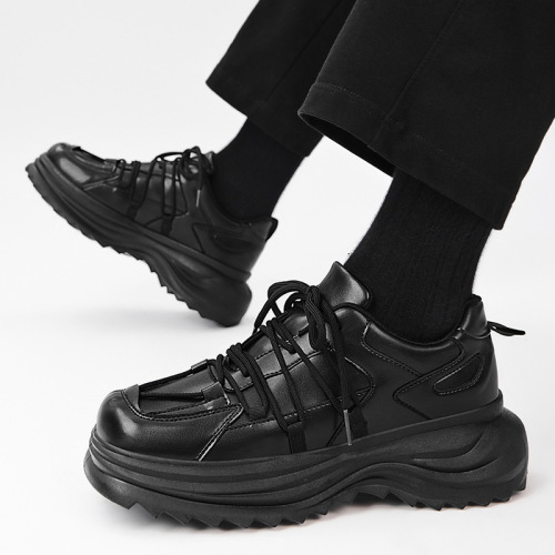 Men's Casual Thick-Heeled Leather-Look Fall Shoes with Thick Heel Increase, Low Top Laced Sporty Trendy Black Shoes