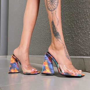 wish Foreign Trade New High Heel Sandals and Slippers Women's 2022 Summer European and American Square Head Thick Heel Large Size Fashionable Women's Sandals and Slippers