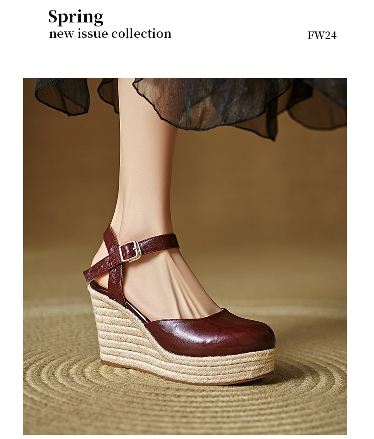 Sandal cao gót nữ quai ngang đế xuồng đan rơm, gót 9 cm — Rượu vang đỏ, màu trắng ngà chi tiết 15