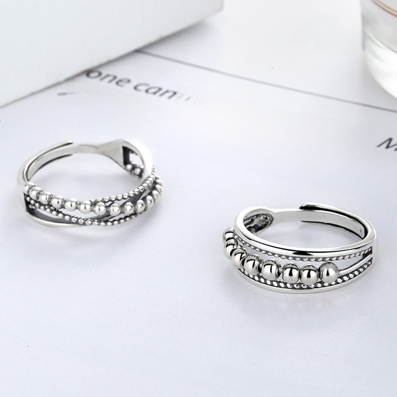 Bague de couple européenne et américaine, nouveaux bijoux à la mode, simple, ondulée, point, perles, accessoires en argent thaïlandais, bague à bouche ample_voghion.com