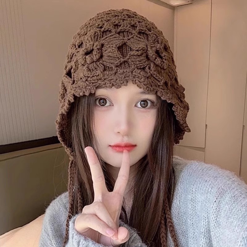 2025新款花朵手工编织双层辫子毛线帽子女秋冬保暖百搭针织护耳帽|undefined