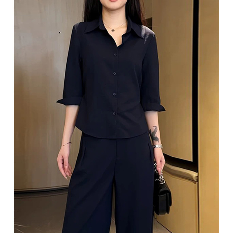 老钱风翻领七分袖藏蓝色衬衫女2025年秋季新款小个子时尚休闲上衣|undefined