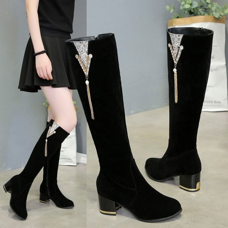 2025 New Autumn and Winter Boots, Thick Heel, High Heel, Nubuck Leather Women's Boots, Side Zipper, Fleece-Lined, Warm, High-Tube Slimming Boots for Women 2025 New Autumn and Winter Boots, Thick Heel, High Heel, Nubuck Leather Women's Boots, Side Zipper, Fleece-Lined, Warm, High-Tube Slimming Boots for Women