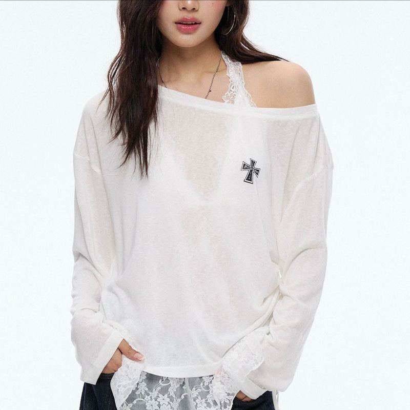 Lyocell Tencel Slanted Shoulder One-Shoulder Cross Logo Slimming Look Sun Protection Blouse Long-Sleeved Top for Women
