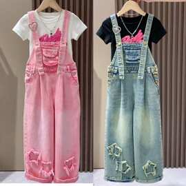 炸街2026网红新款裤子宽松女童牛仔背带裤套装洋气中大童春夏夏装