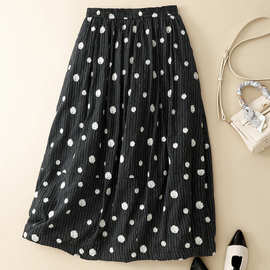 2025波点花苞半裙女秋冬新款黑色夹棉加厚棉麻A字裙