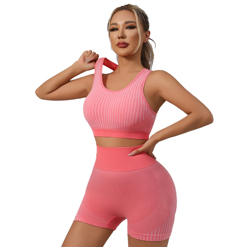 Traje de yoga sin costuras europeo y americano transfronterizo, sujetador, cadera de melocotón, levantamiento de cadera, ropa de fitness de secado rápido, chaleco deportivo, traje corto