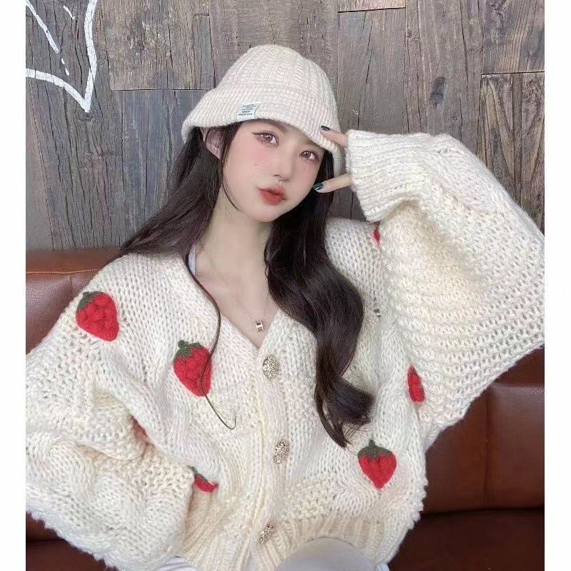 加厚外搭长袖上衣潮2022新款草莓温柔甜美针织毛衣开衫外套女秋冬